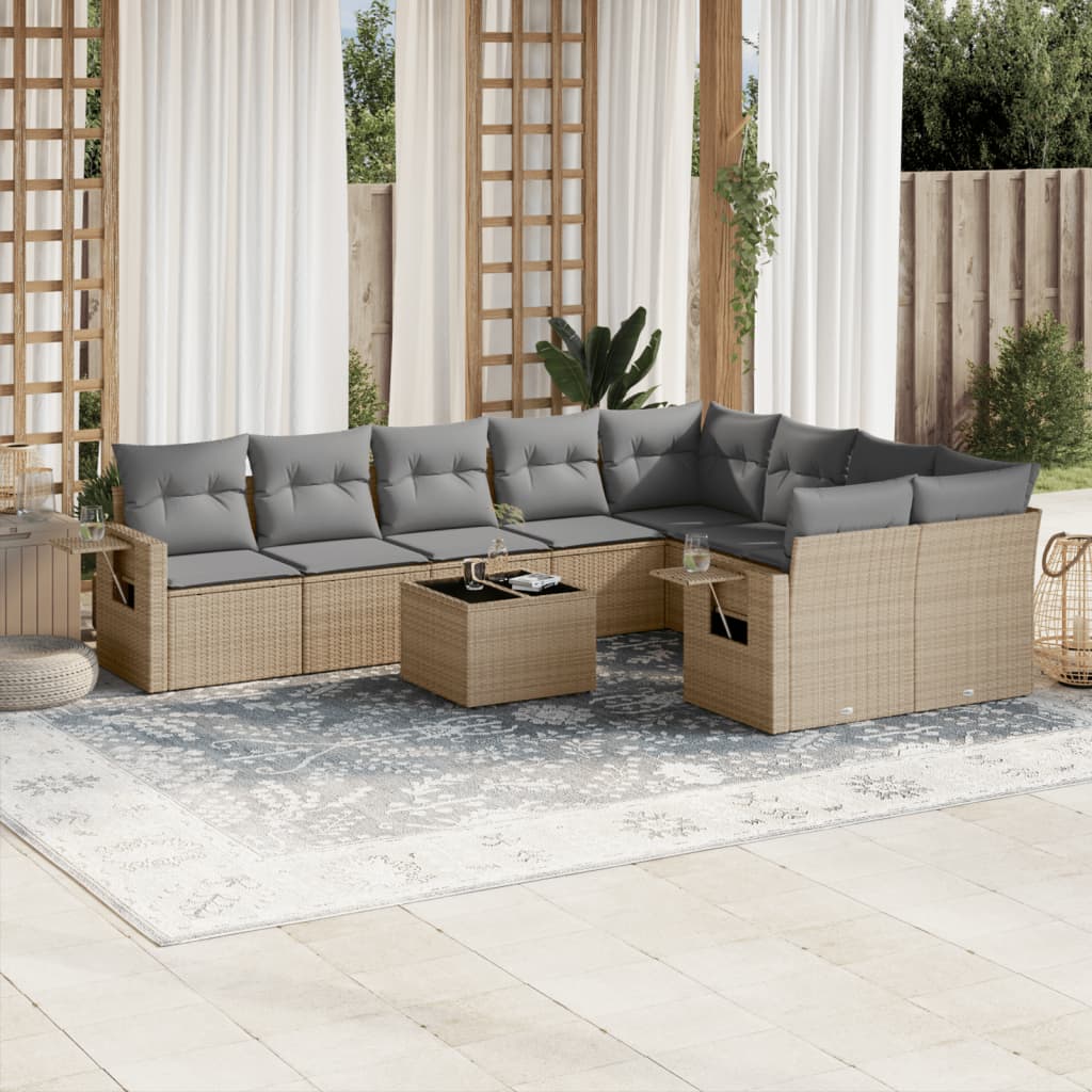 Set Divano da Giardino 10 pz con Cuscini Beige in Polyrattan - homemem39