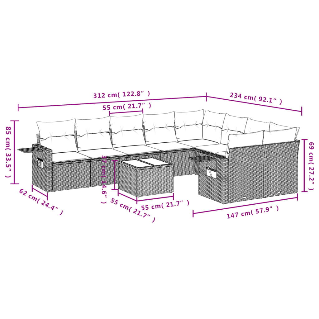 Set Divano da Giardino 10 pz con Cuscini Grigio in Polyrattan | homemem39