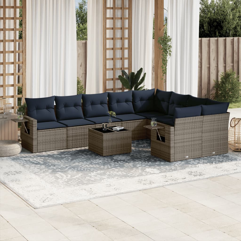 Set Divani da Giardino 10 pz con Cuscini Grigio in Polyrattan | homemem39