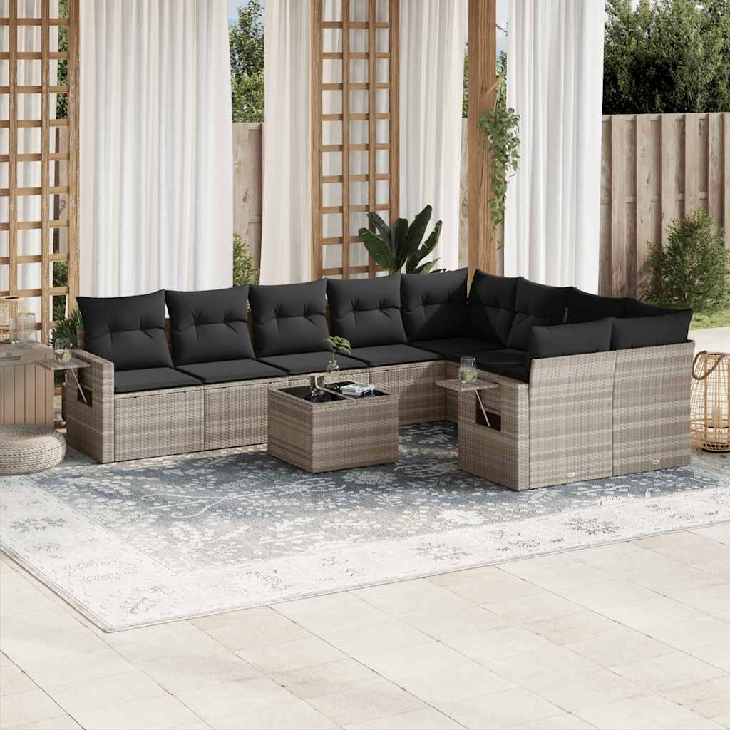 Set Divano Giardino 10 pz con Cuscini Grigio Chiaro Polyrattan - homemem39