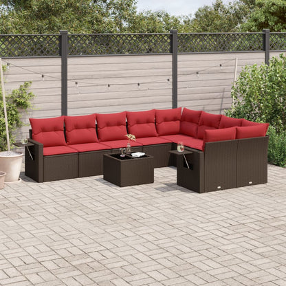 Set Divani da Giardino 10 pz con Cuscini Marrone in Polyrattan