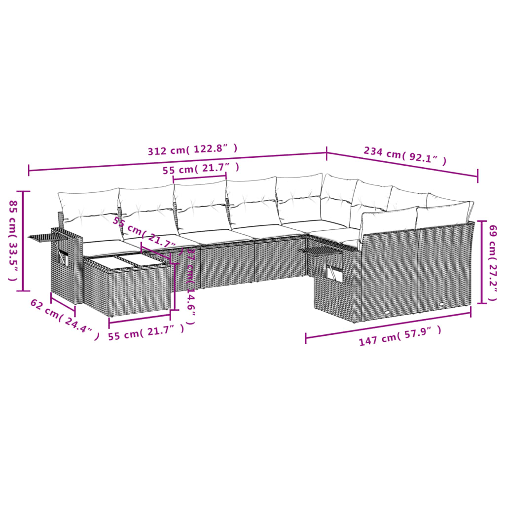 Set Divani da Giardino 10pz con Cuscini in Polyrattan Nero | homemem39