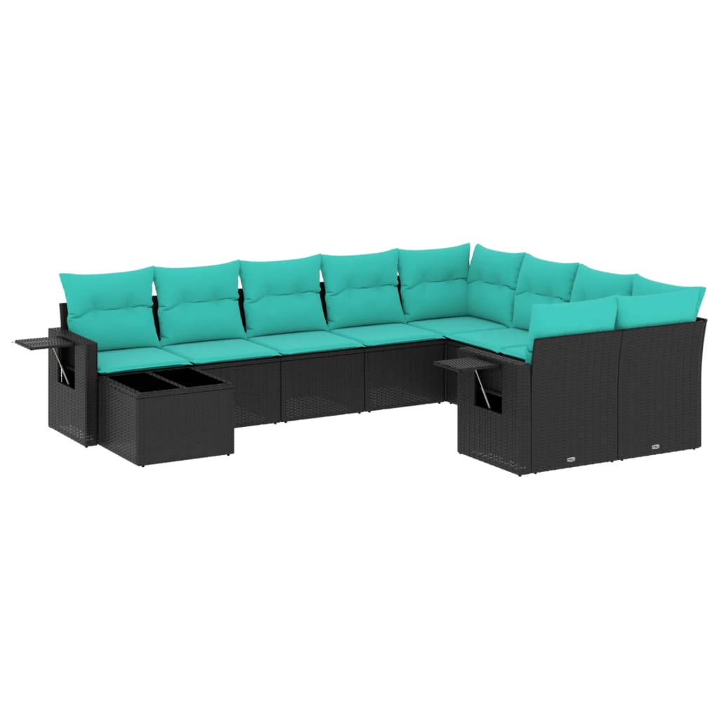 Set Divani da Giardino 10 pz con Cuscini Nero in Polyrattan