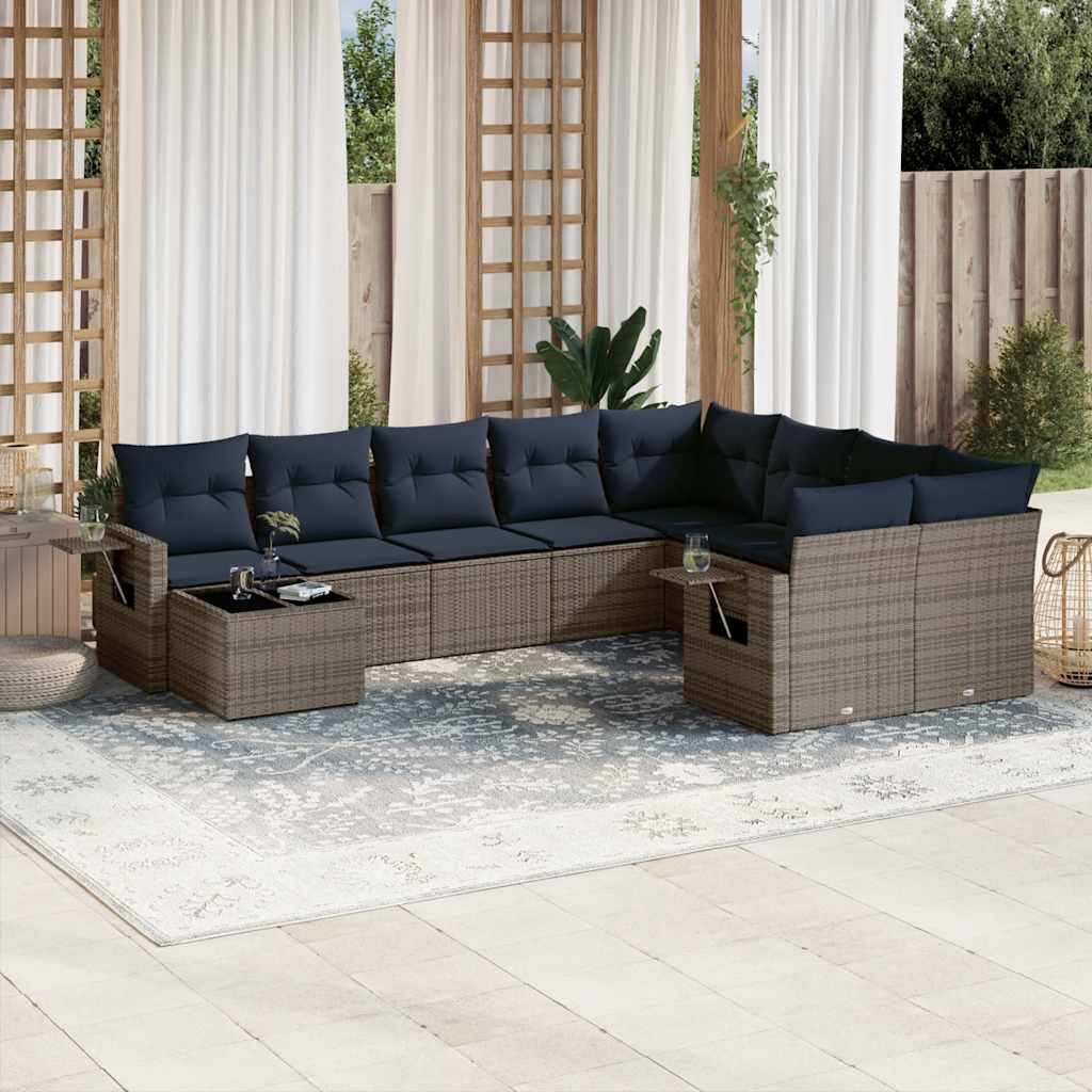 Set Divani da Giardino 10 pz con Cuscini Grigio in Polyrattan | homemem39