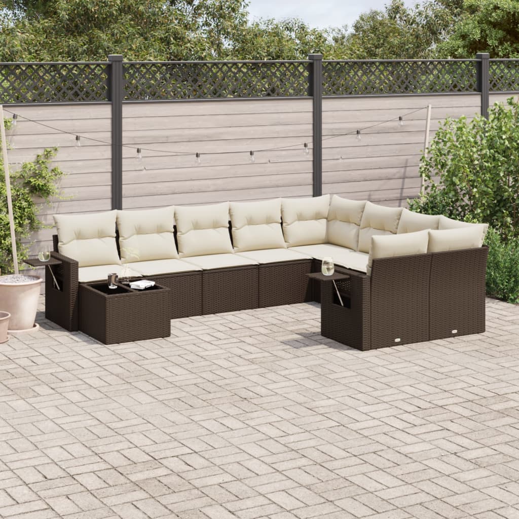 Set Divani da Giardino 10pz con Cuscini in Polyrattan Marrone | homemem39