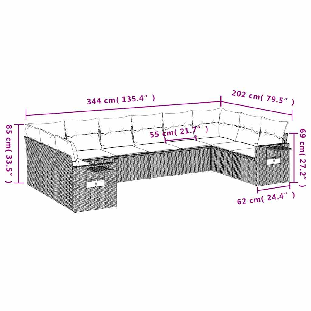 Set Divani da Giardino 10pz con Cuscini in Polyrattan Nero | homemem39