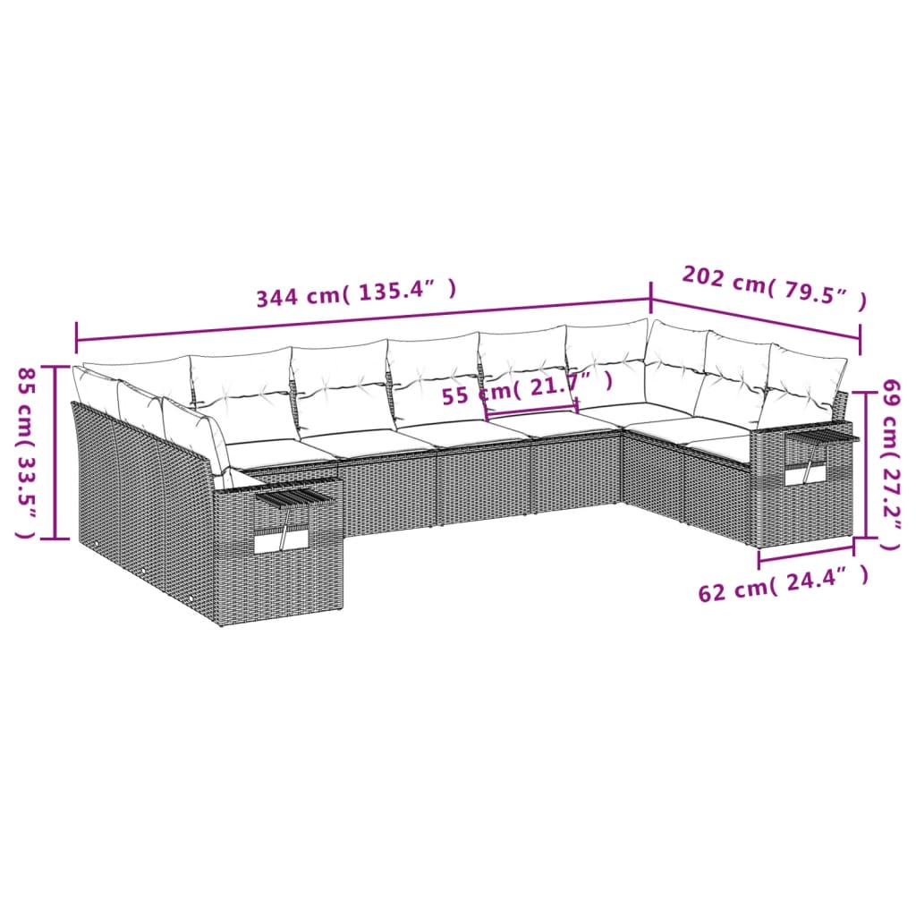 Set Divani da Giardino 10 pz con Cuscini Nero in Polyrattan | homemem39