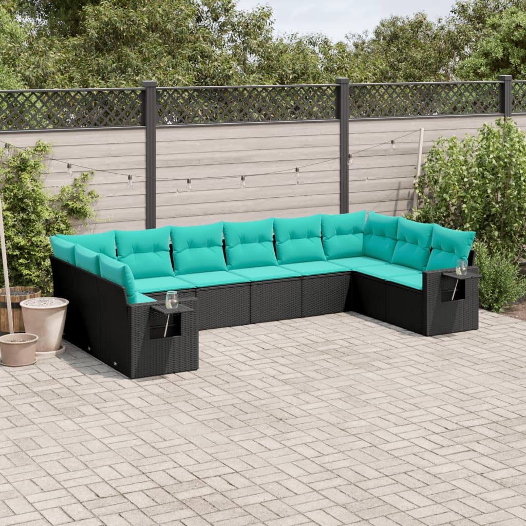 Set Divani da Giardino 10 pz con Cuscini Nero in Polyrattan | homemem39