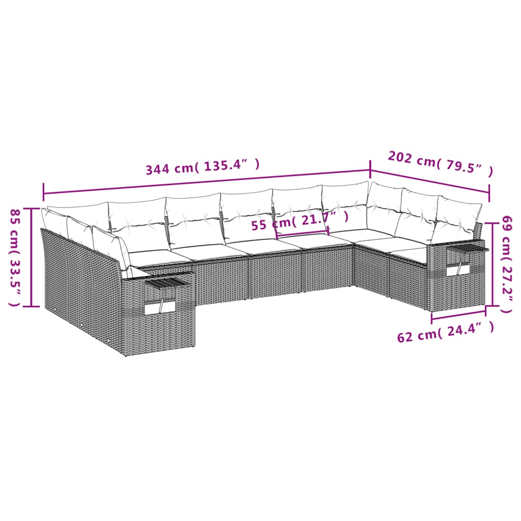 Set Divani da Giardino 10 pz con Cuscini Grigio in Polyrattan | homemem39