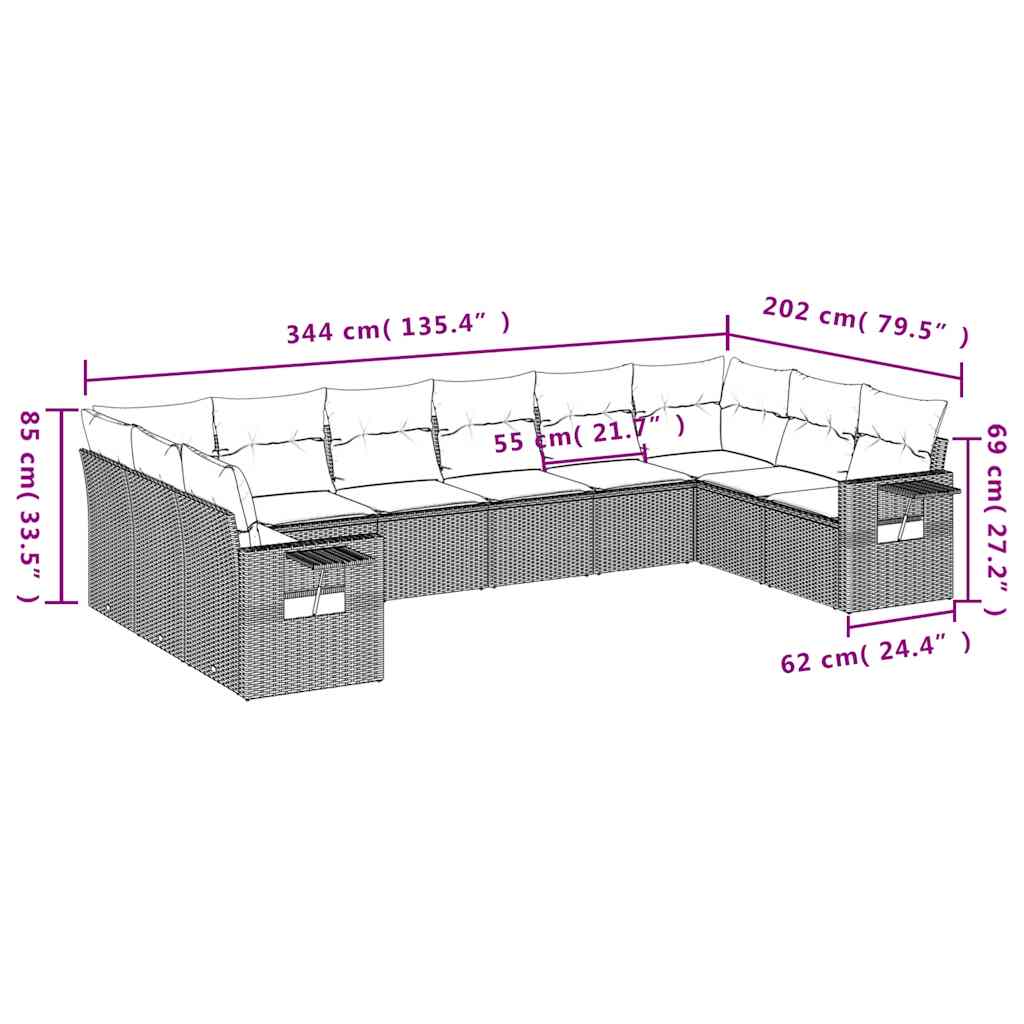 Set Divani da Giardino 10pz con Cuscini in Polyrattan Marrone | homemem39