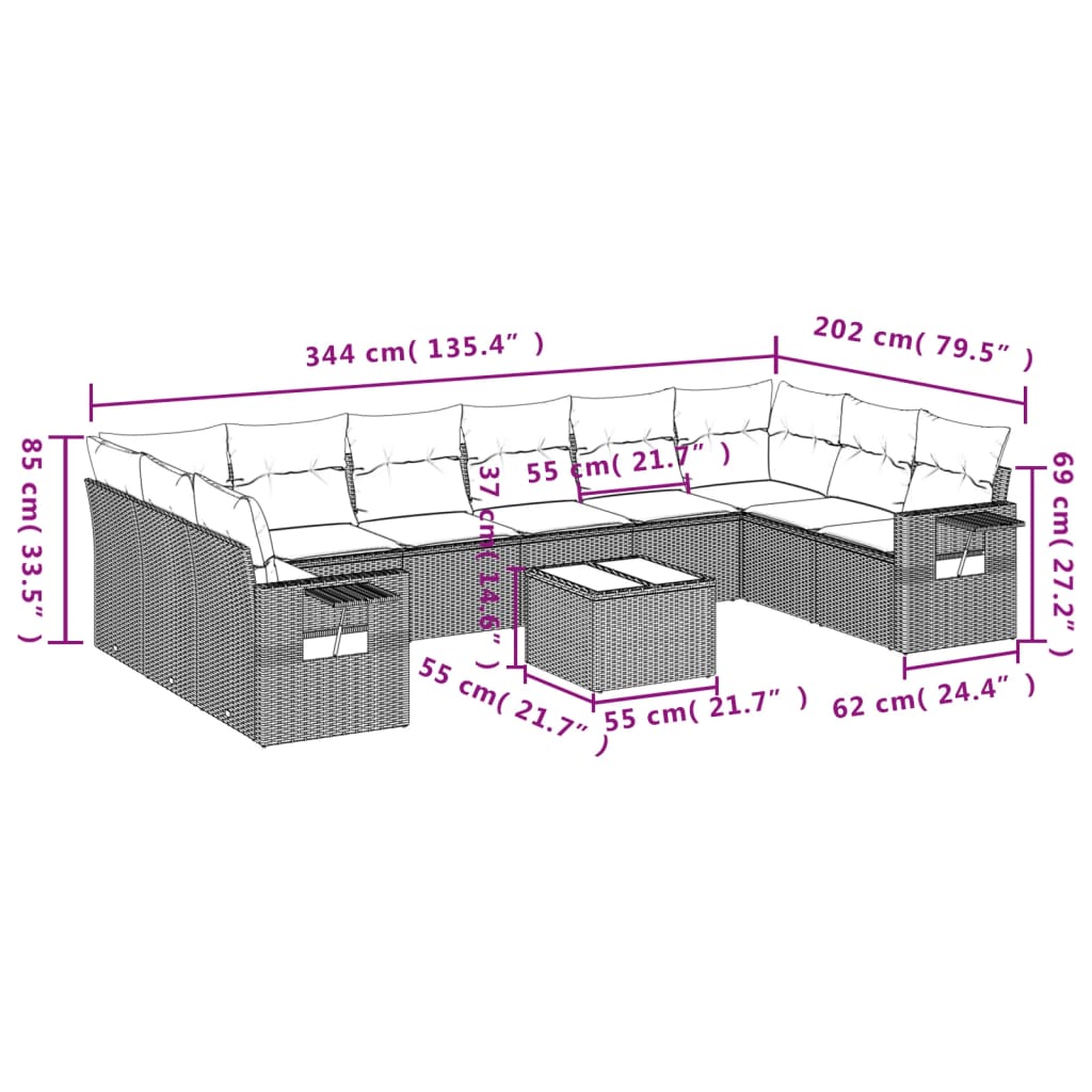 Set Divani da Giardino 11 pz con Cuscini in Polyrattan Nero | homemem39