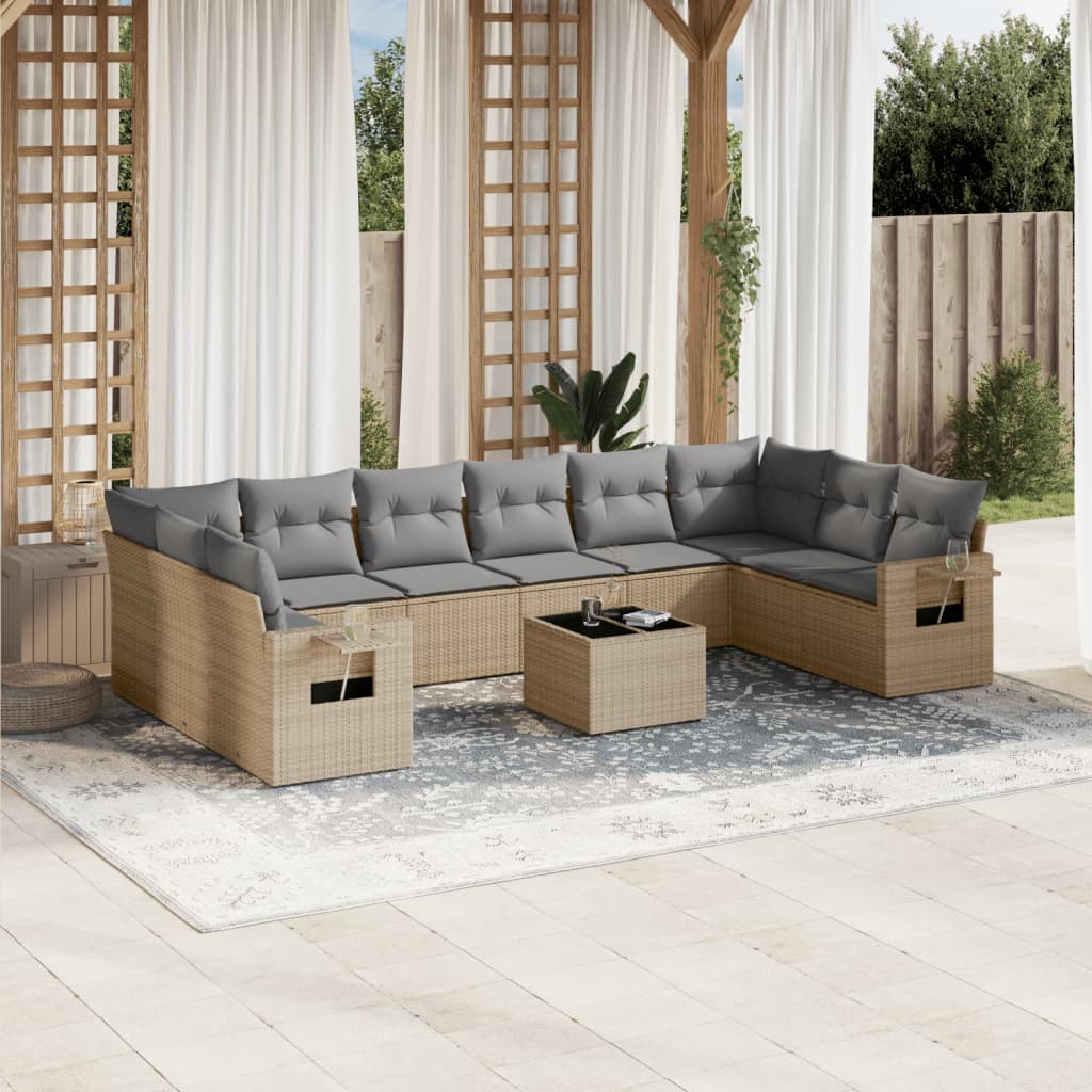 Set Divani da Giardino 11 pz con Cuscini Beige in Polyrattan | homemem39