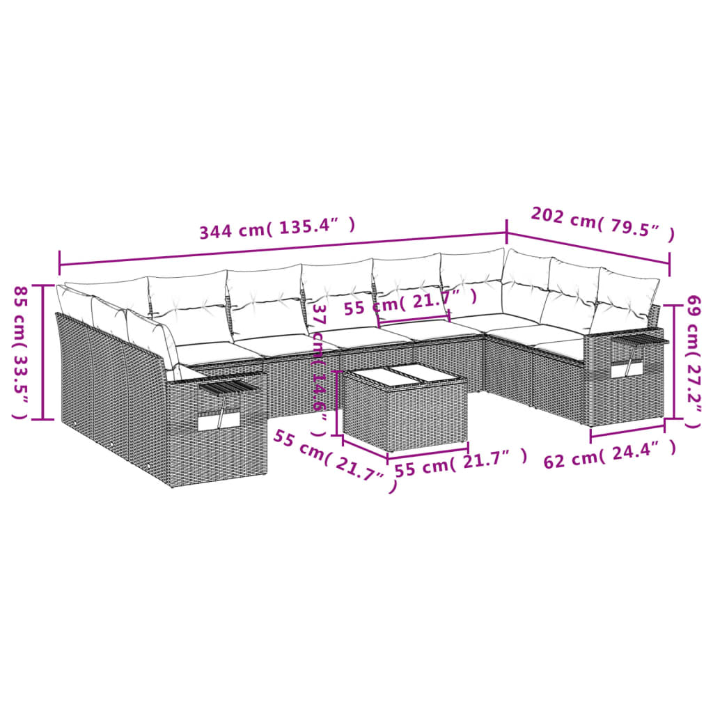 Set Divani da Giardino 11 pz con Cuscini in Polyrattan Grigio | homemem39