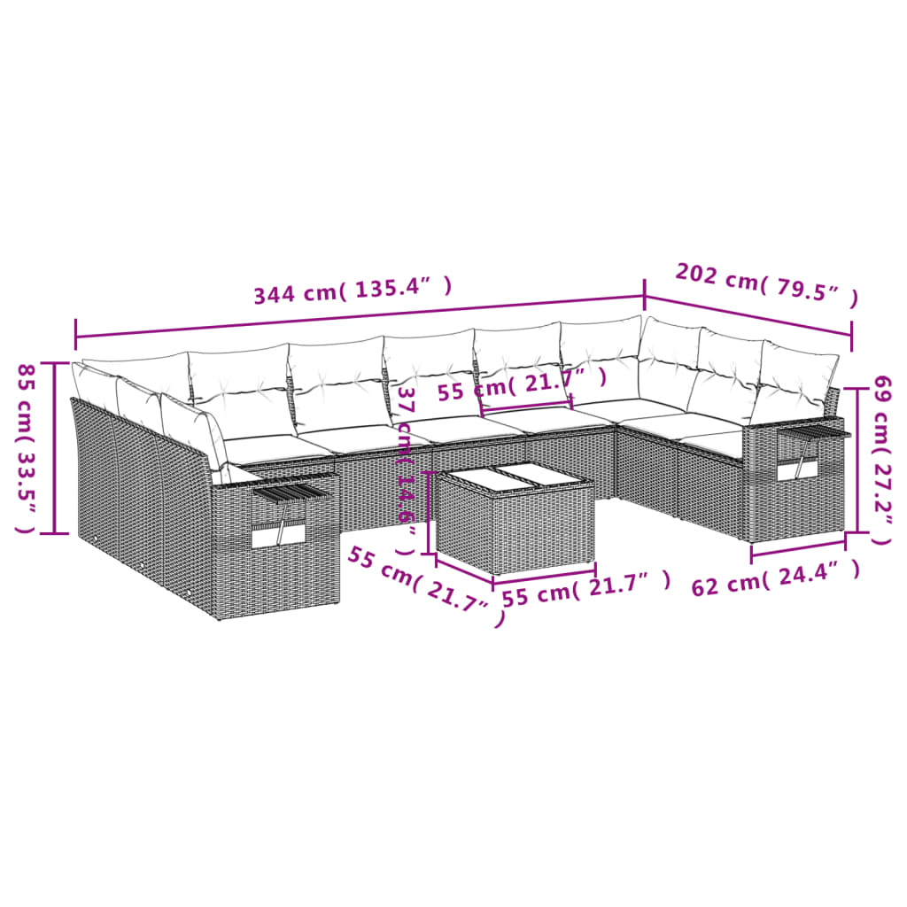 Set Divani da Giardino 11 pz con Cuscini Polyrattan Marrone | homemem39