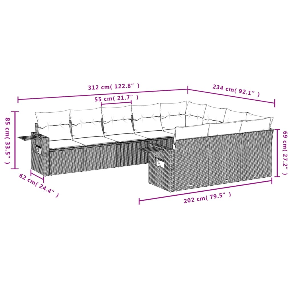 Set Divani da Giardino 10 pz con Cuscini Nero in Polyrattan | homemem39