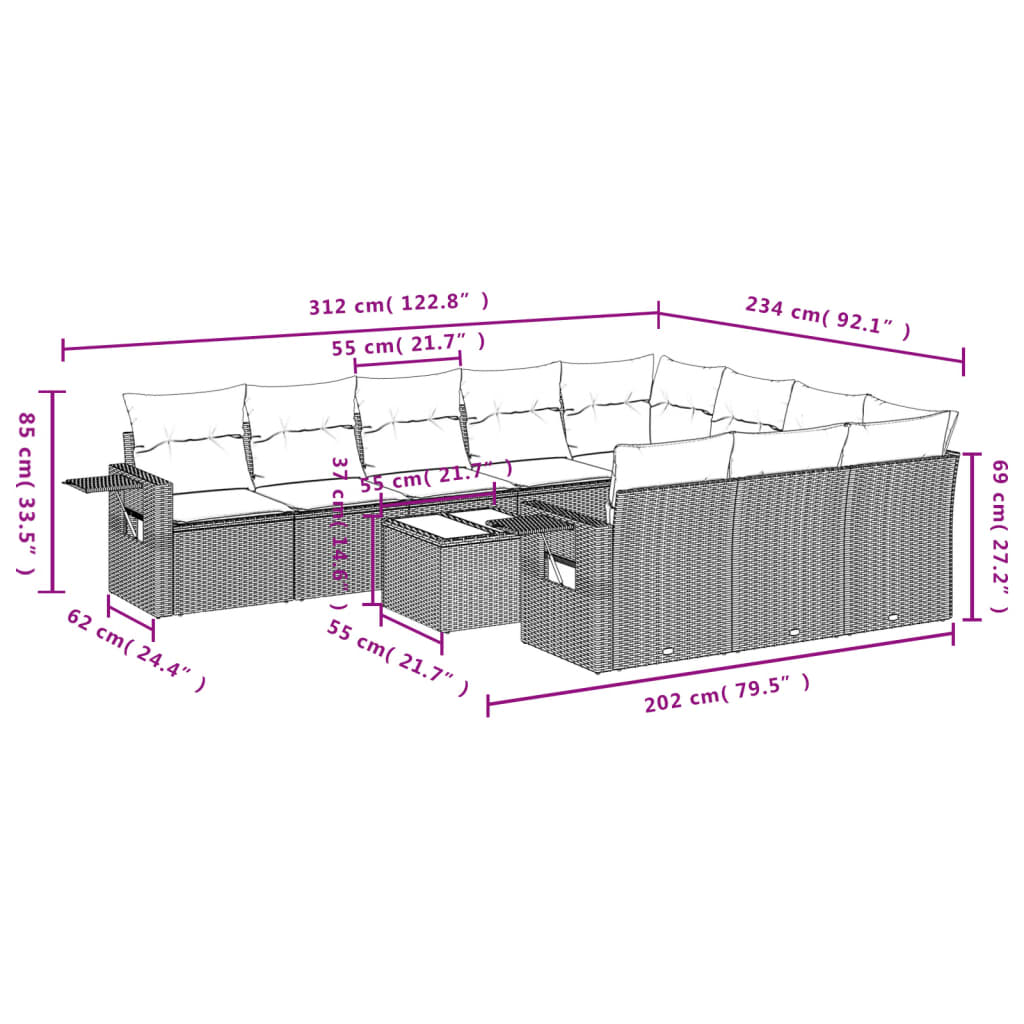 Set Divani da Giardino 11 pz con Cuscini in Polyrattan Nero | homemem39