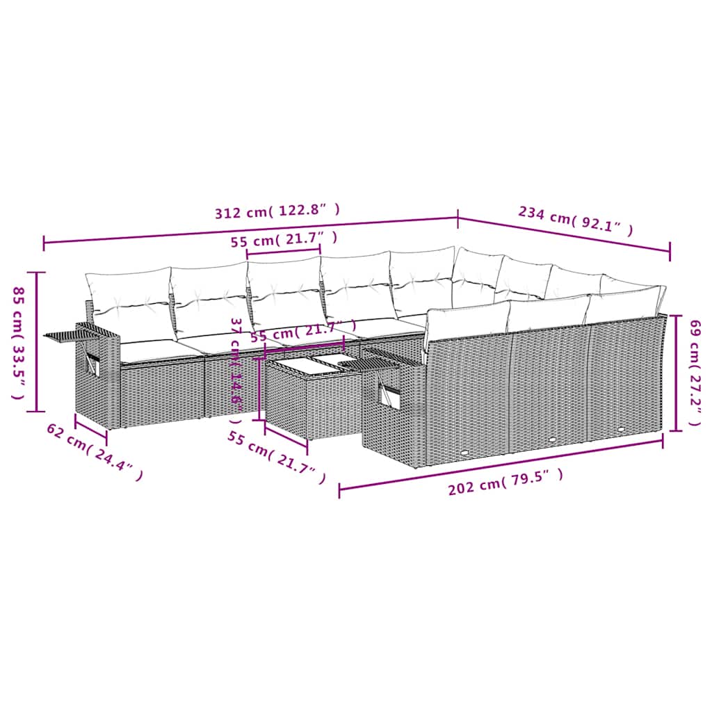 Set Divani da Giardino 11 pz con Cuscini in Polyrattan Grigio - homemem39