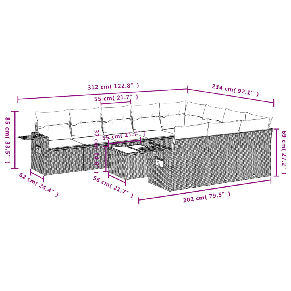Set Divani da Giardino 11 pz con Cuscini Marrone in Polyrattan | homemem39