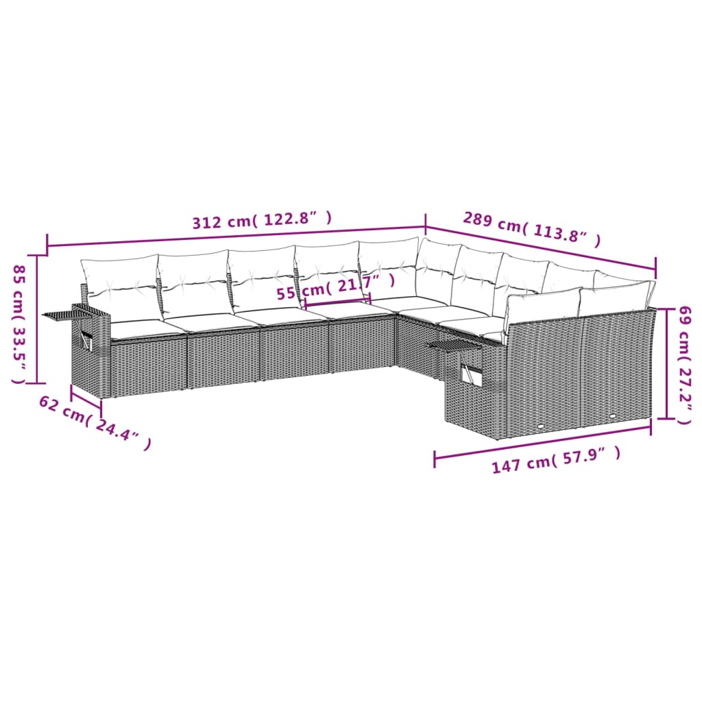Set Divani da Giardino 10pz con Cuscini in Polyrattan Nero | homemem39