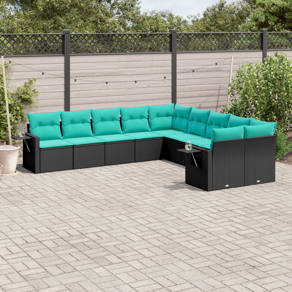 Set Divani da Giardino 10 pz con Cuscini Nero in Polyrattan | homemem39