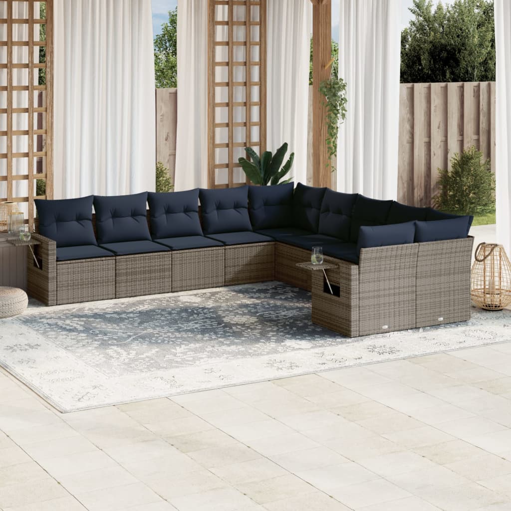 Set Divani da Giardino 10 pz con Cuscini Grigio in Polyrattan | homemem39