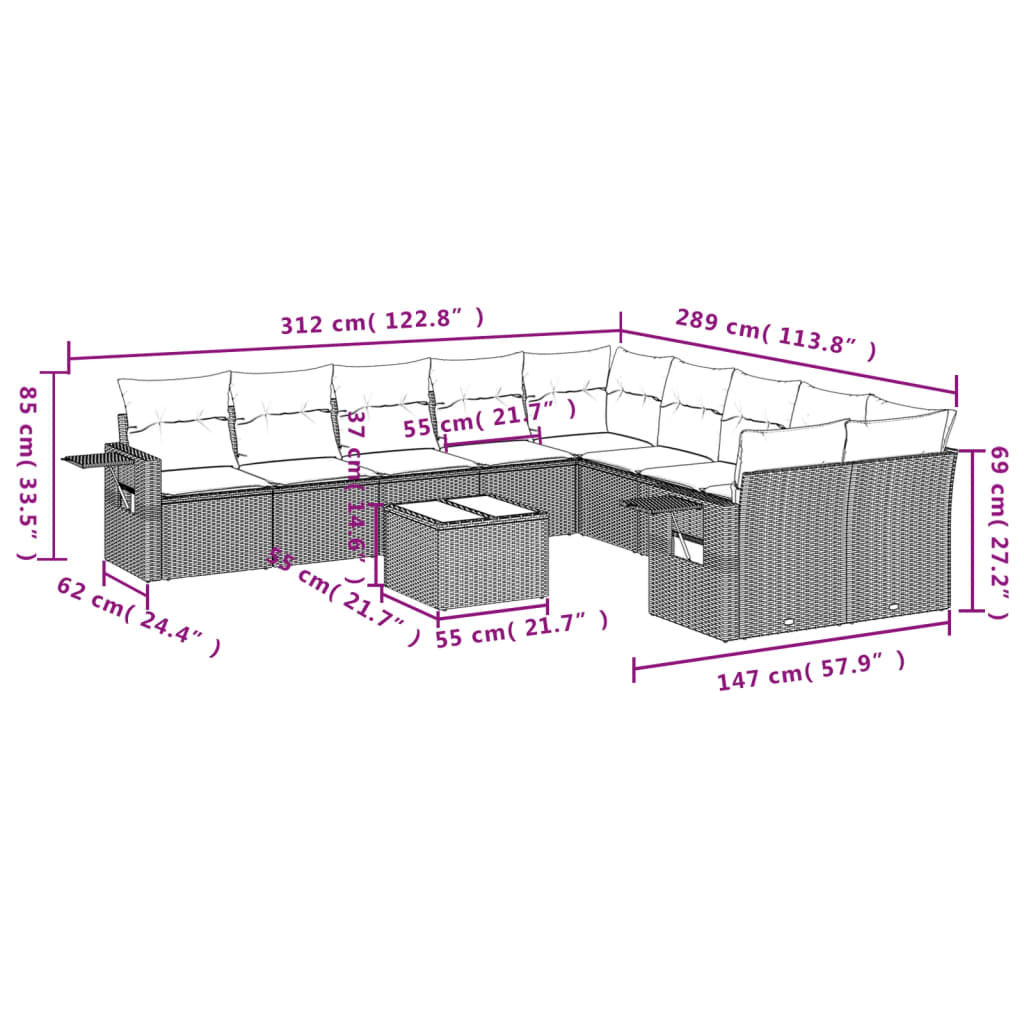 Set Divani da Giardino 11 pz con Cuscini Polyrattan Marrone | homemem39