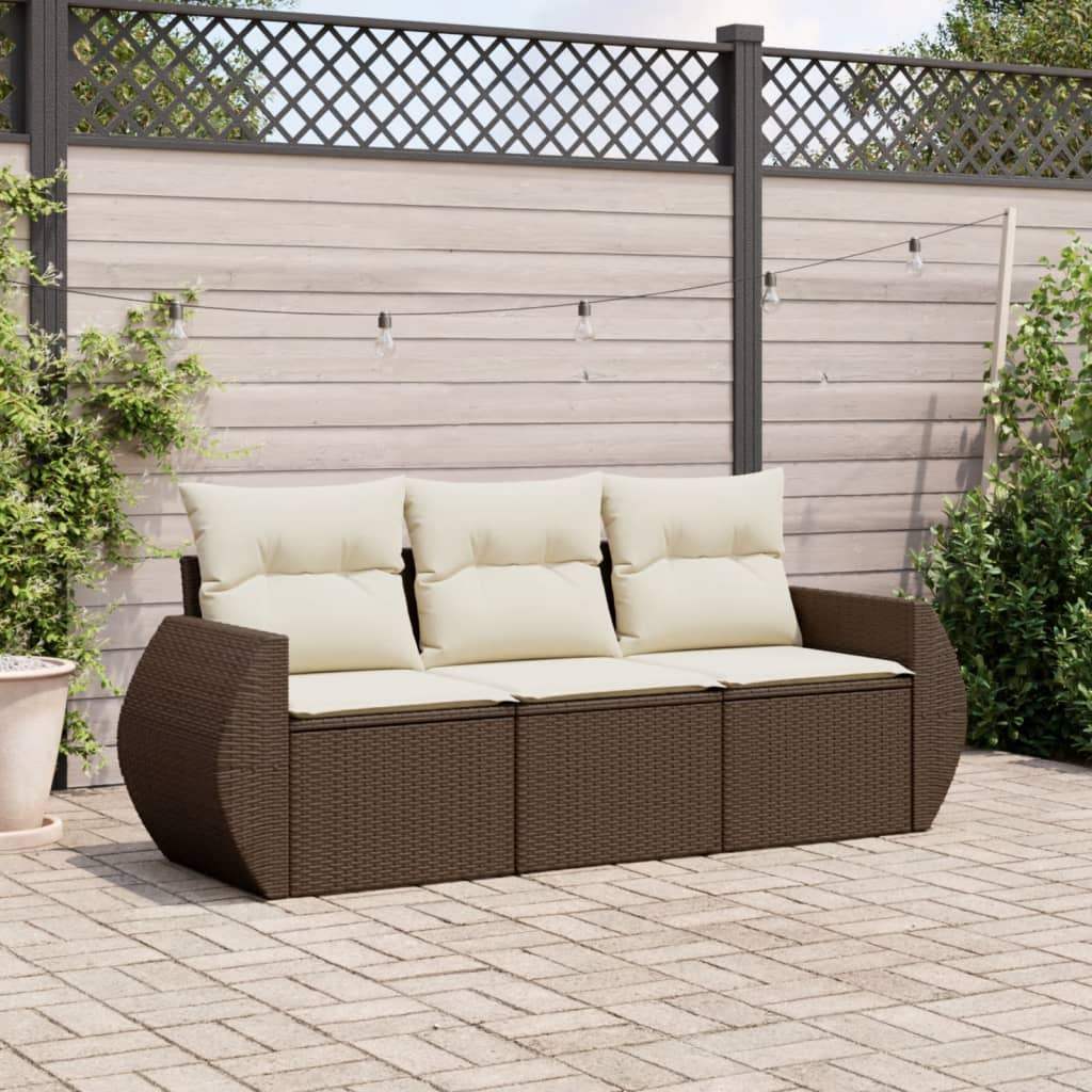 Set Divano da Giardino 3 pz con Cuscini Marrone in Polyrattan - homemem39