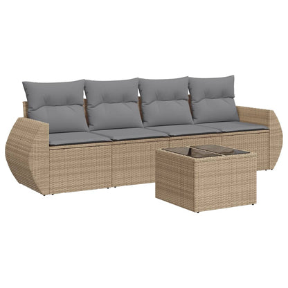 Set Divano da Giardino 5 pz con Cuscini Beige in Polyrattan