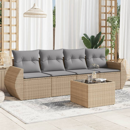 Set Divano da Giardino 5 pz con Cuscini Beige in Polyrattan