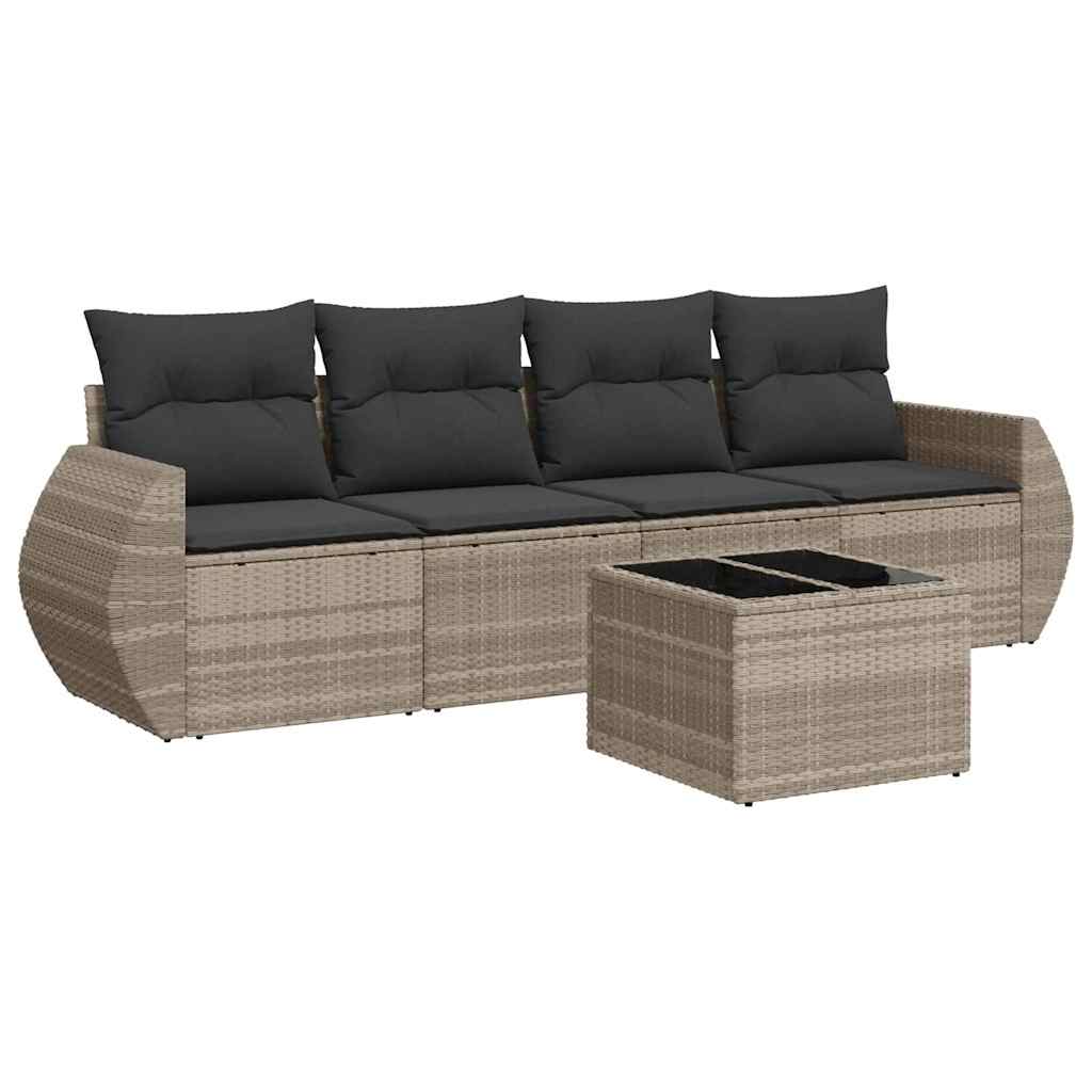 Set Divano da Giardino 5pz con Cuscini Grigio Chiaro Polyrattan