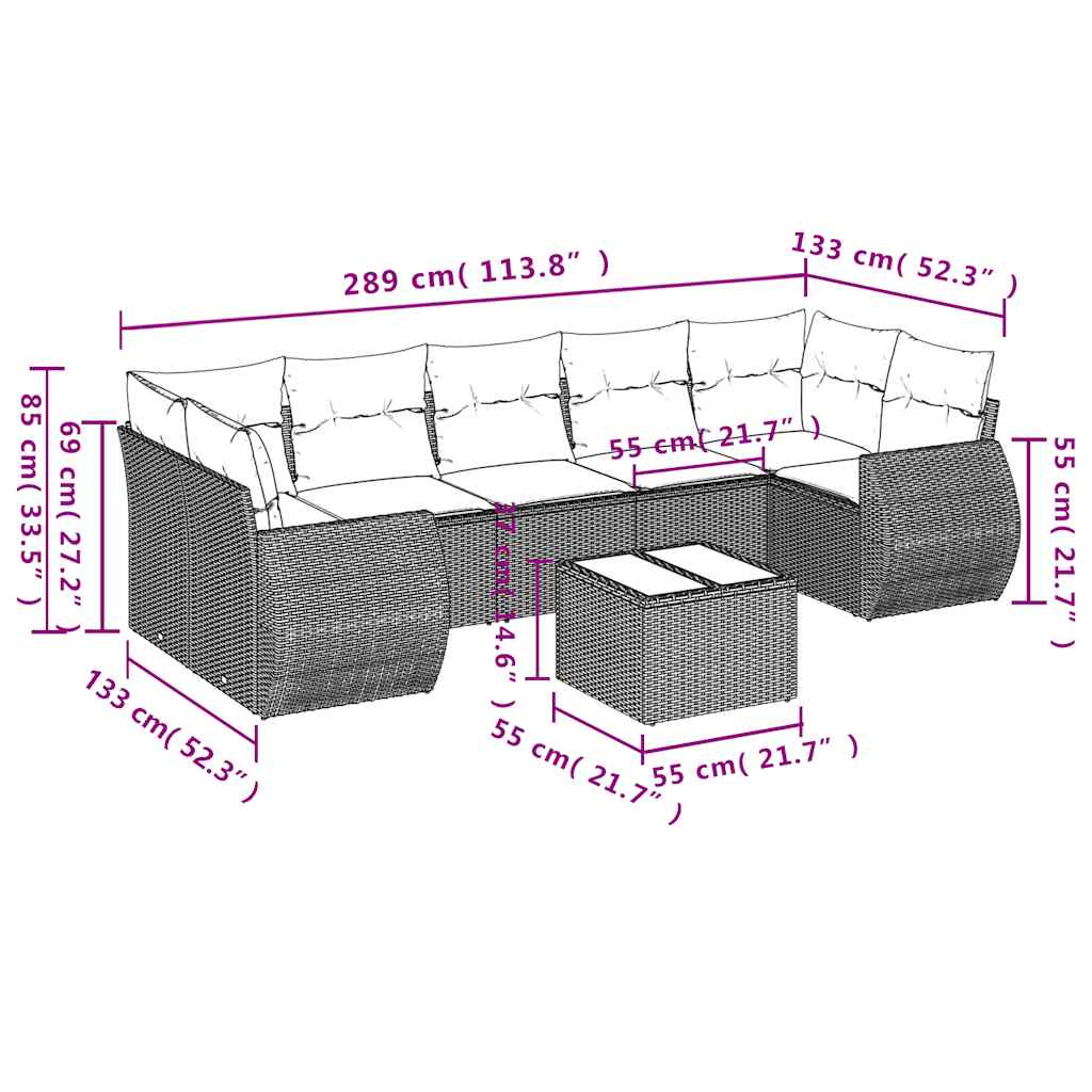 Set Divani da Giardino 8 pz con Cuscini Grigio in Polyrattan | homemem39
