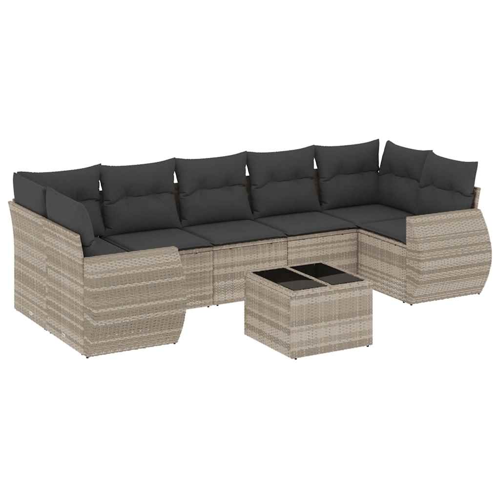 Set Divano da Giardino 8pz con Cuscini Grigio Chiaro Polyrattan