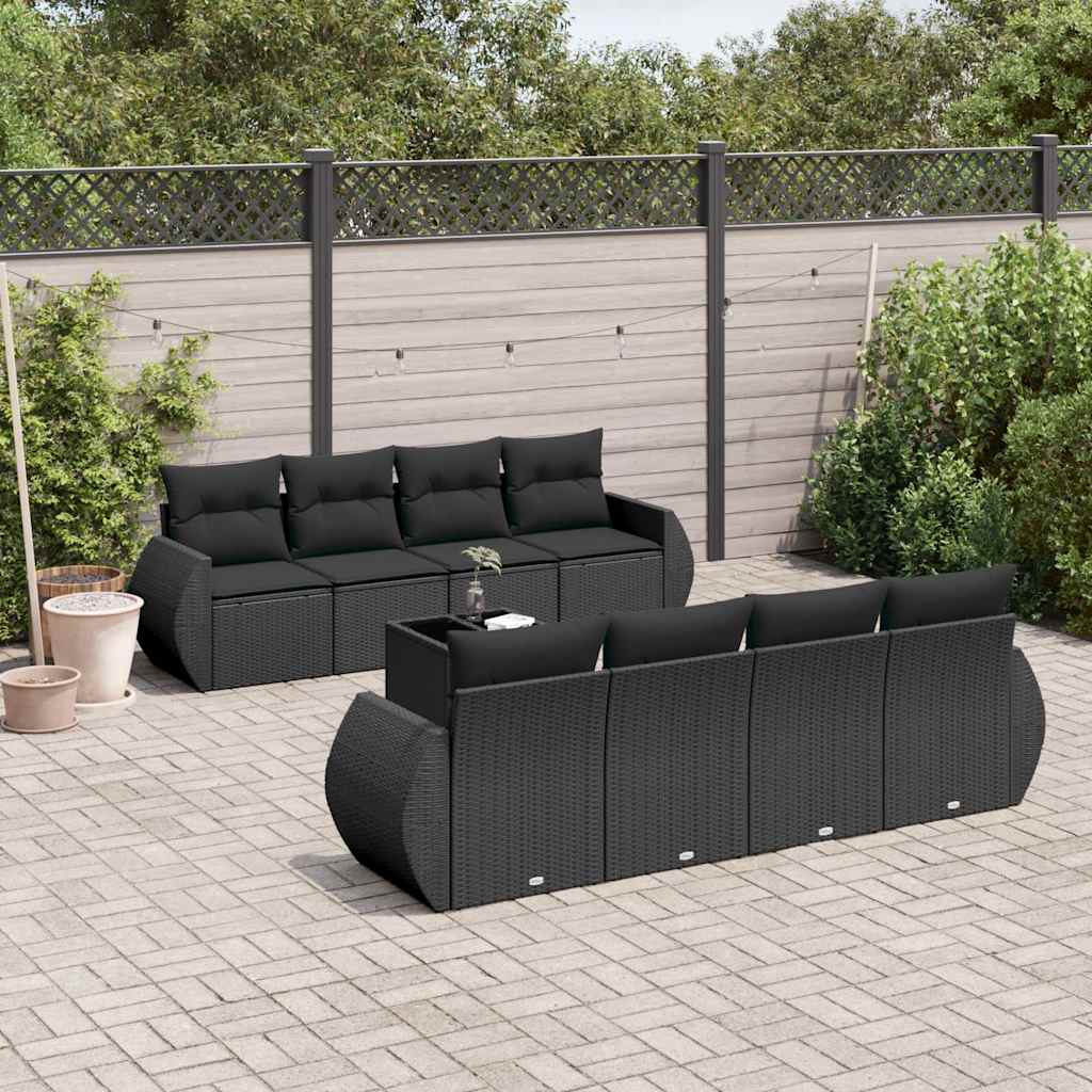 Set Divani da Giardino 9 pz con Cuscini Nero in Polyrattan | homemem39