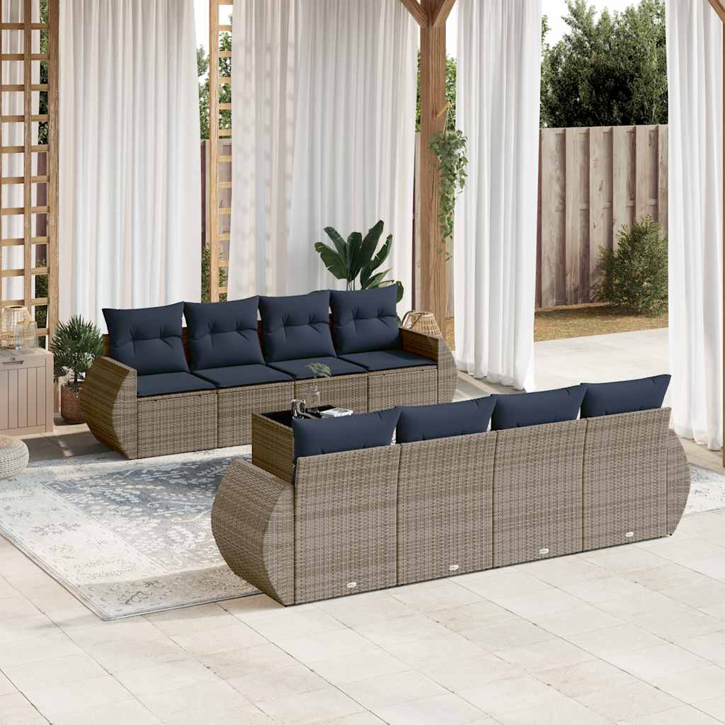Set Divani da Giardino 9 pz con Cuscini Grigio in Polyrattan | homemem39