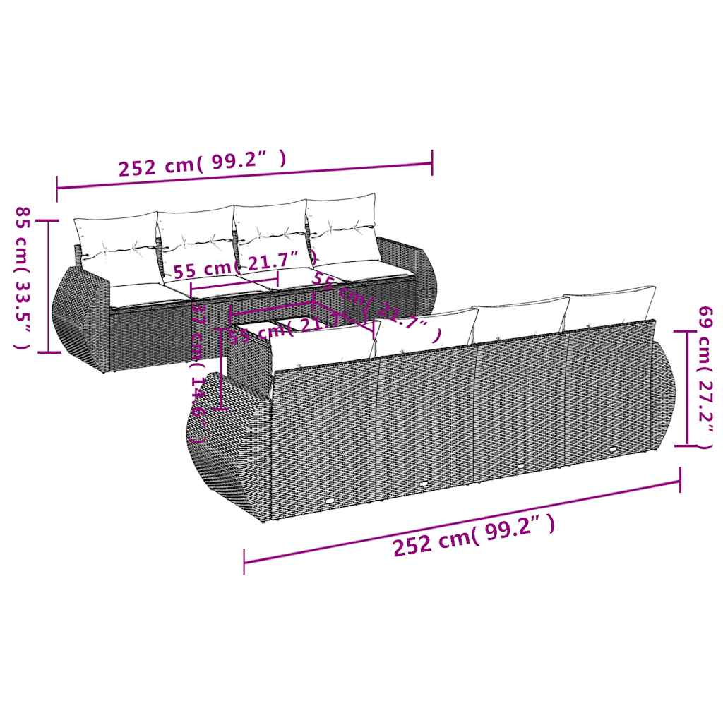 Set Divano da Giardino 9pz con Cuscini Grigio Chiaro Polyrattan | homemem39