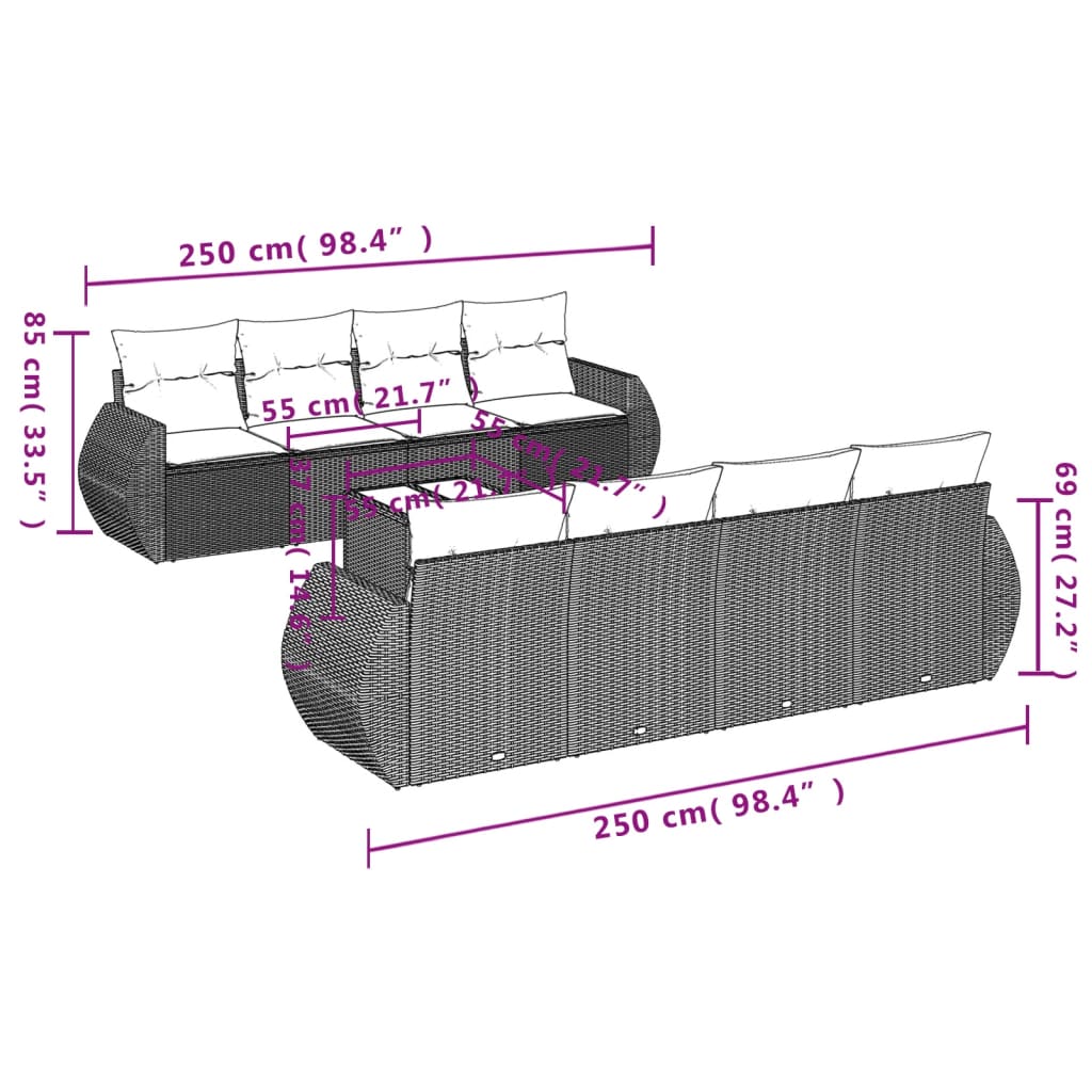 Set Divani da Giardino 9pz con Cuscini Marrone in Polyrattan | homemem39