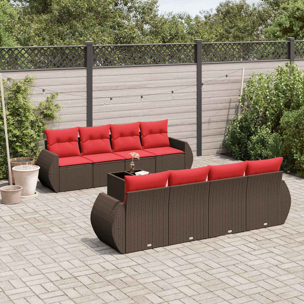 Set Divani da Giardino 9 pz con Cuscini Marrone in Polyrattan | homemem39