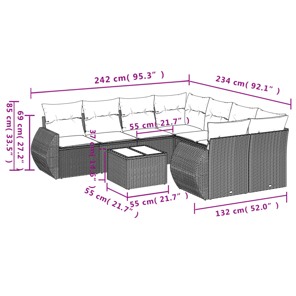 Set Divani da Giardino 9 pz con Cuscini Nero in Polyrattan | homemem39