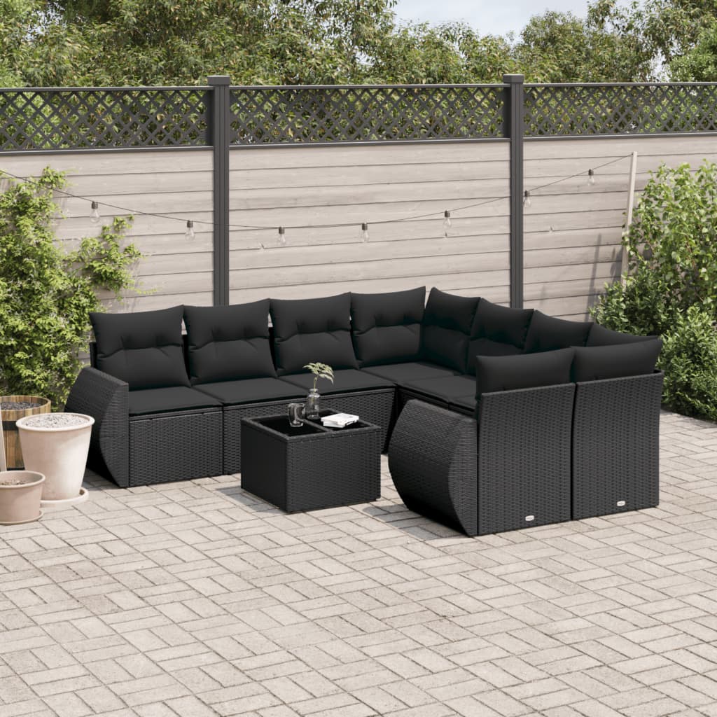 Set Divani da Giardino 9 pz con Cuscini Nero in Polyrattan - homemem39