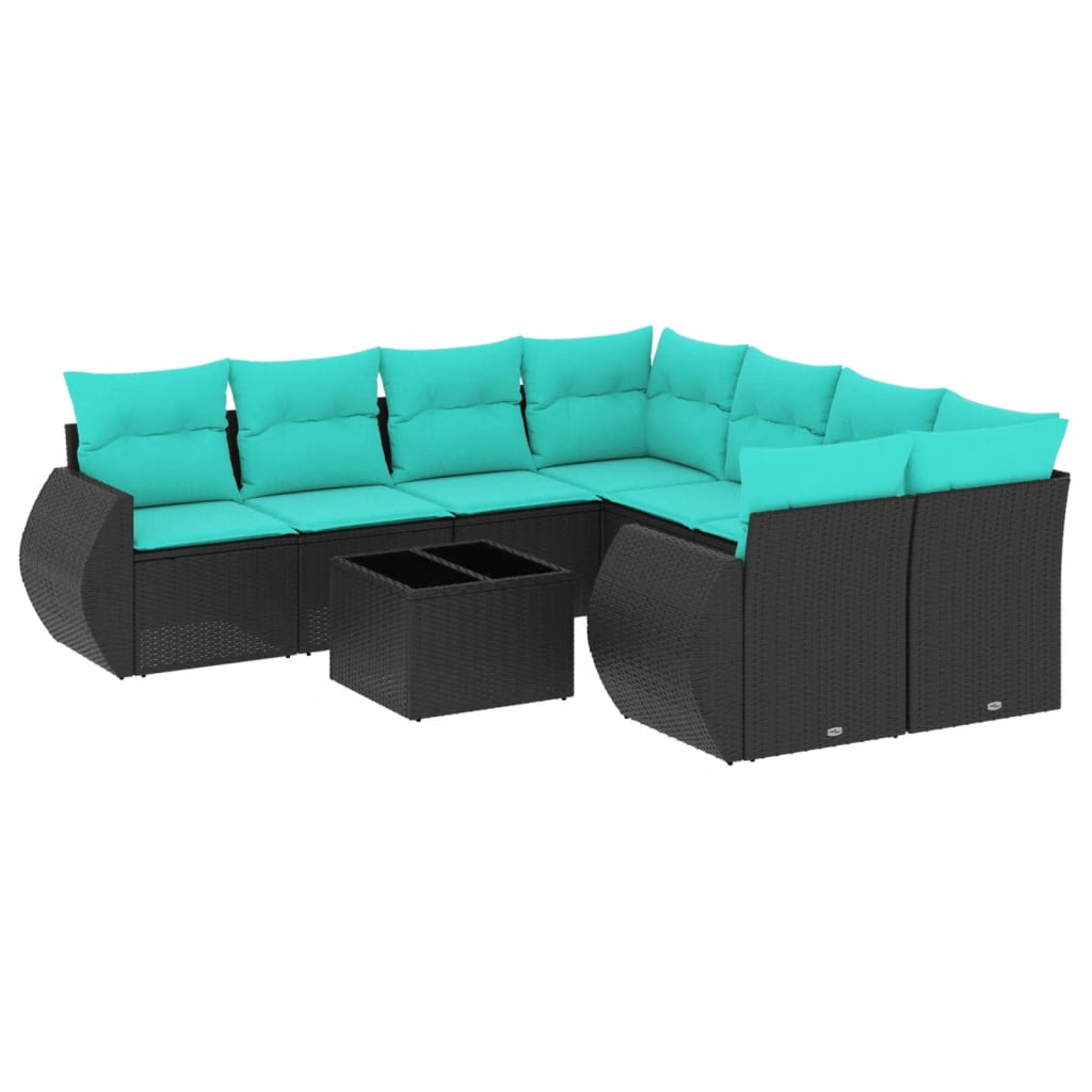 Set Divani da Giardino 9 pz con Cuscini Nero in Polyrattan | homemem39