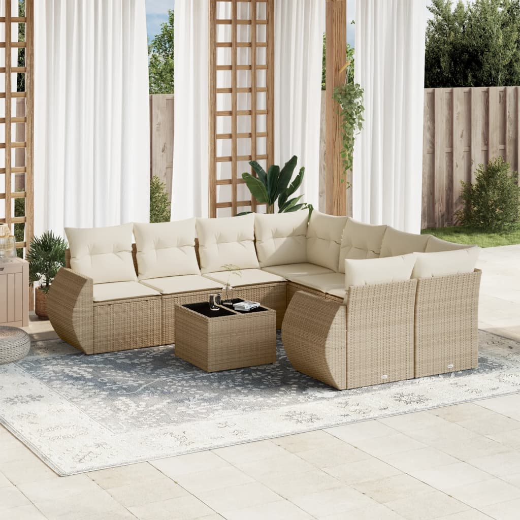 Set Divano da Giardino 9 pz con Cuscini Beige in Polyrattan - homemem39