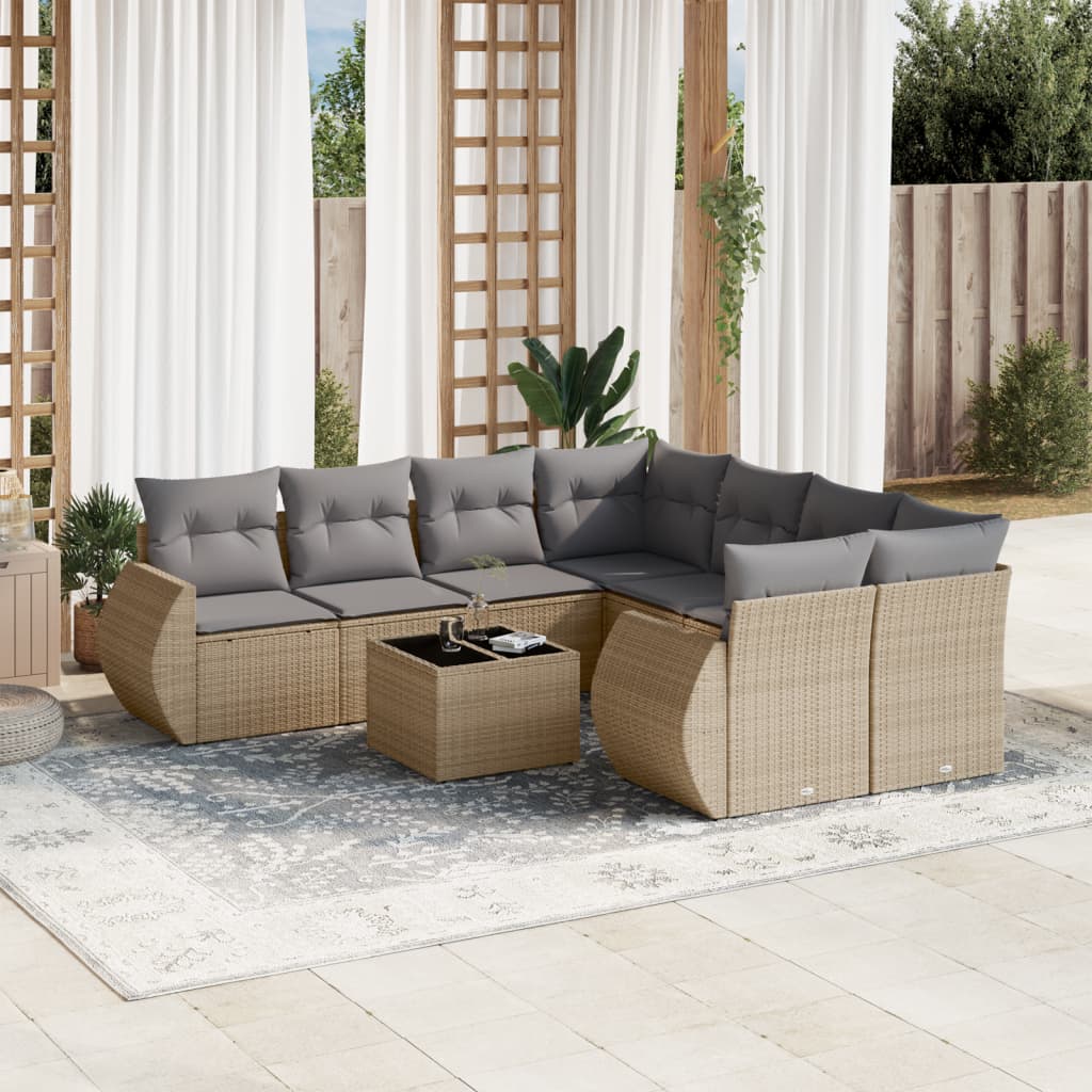 Set Divano da Giardino 9 pz con Cuscini Beige in Polyrattan | homemem39