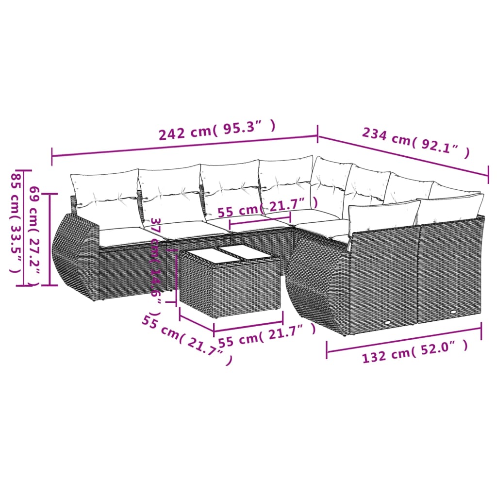 Set Divano da Giardino 9 pz con Cuscini Grigio in Polyrattan | homemem39