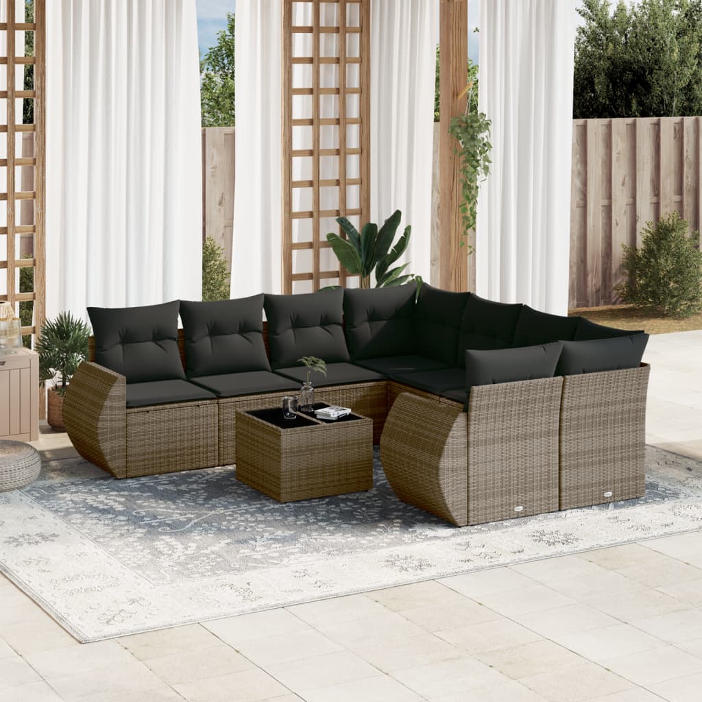 Set Divano da Giardino 9 pz con Cuscini Grigio in Polyrattan | homemem39
