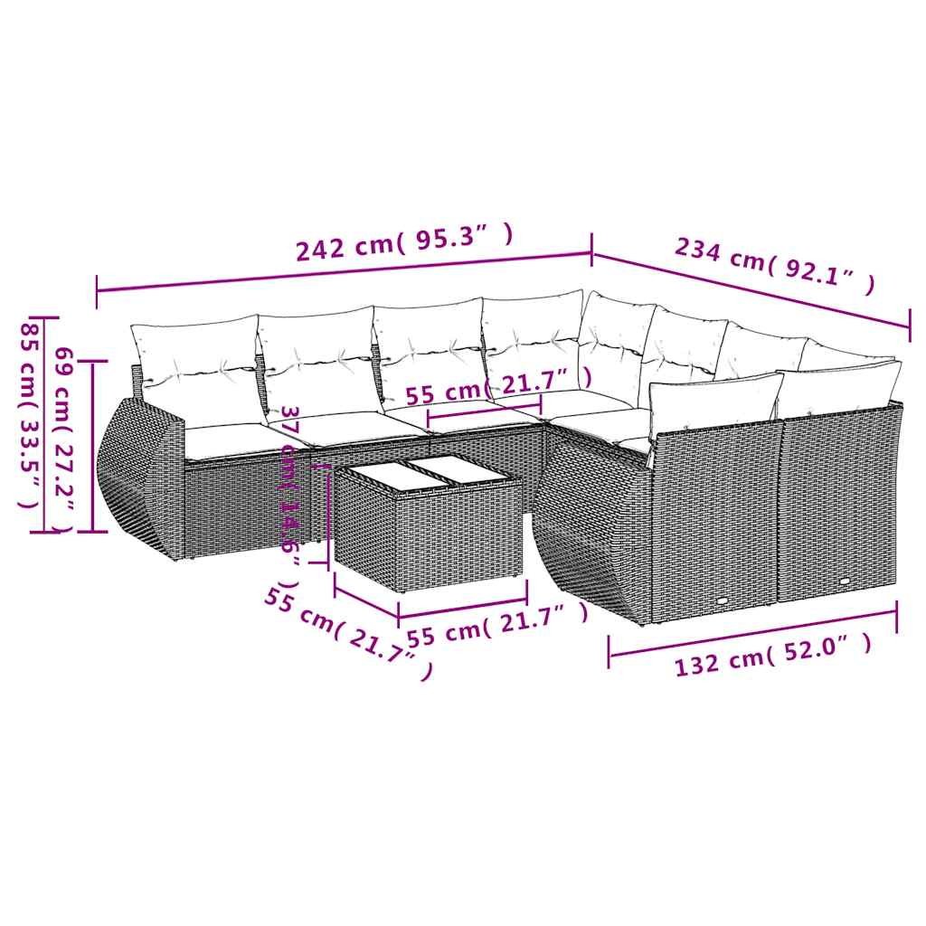 Set Divani da Giardino 9 pz con Cuscini Grigio in Polyrattan | homemem39
