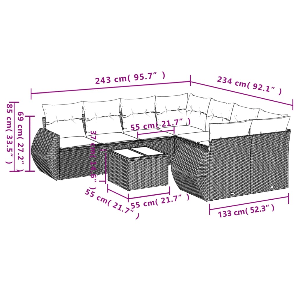 Set Divano da Giardino 9pz con Cuscini Grigio Chiaro Polyrattan | homemem39