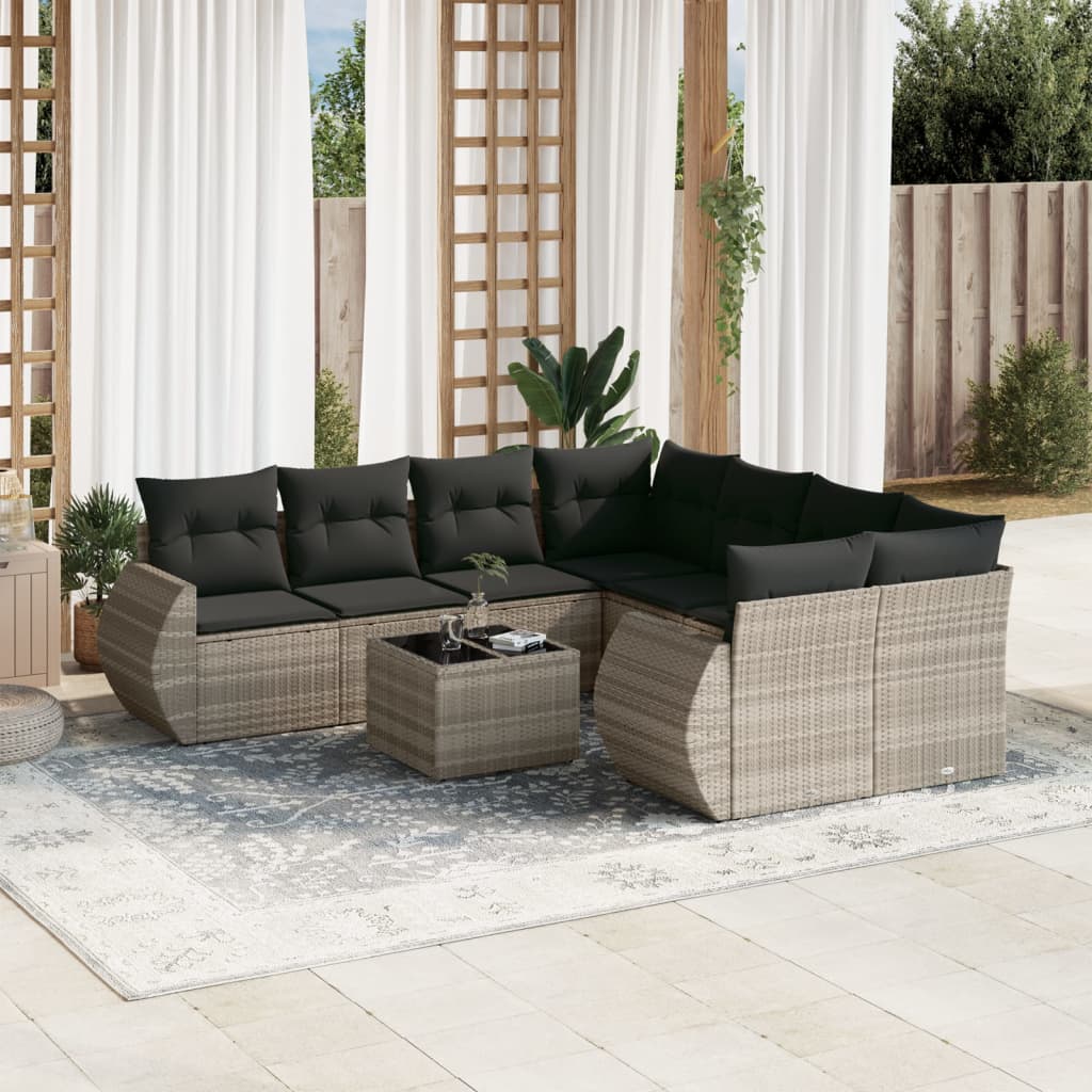 Set Divano da Giardino 9pz con Cuscini Grigio Chiaro Polyrattan | homemem39