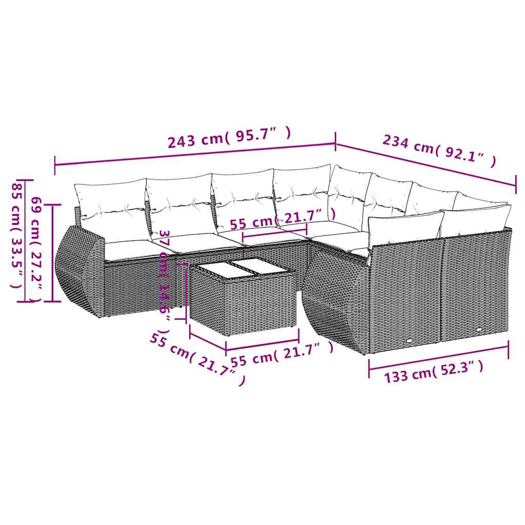 Set Divani da Giardino 9 pz con Cuscini Marrone in Polyrattan | homemem39