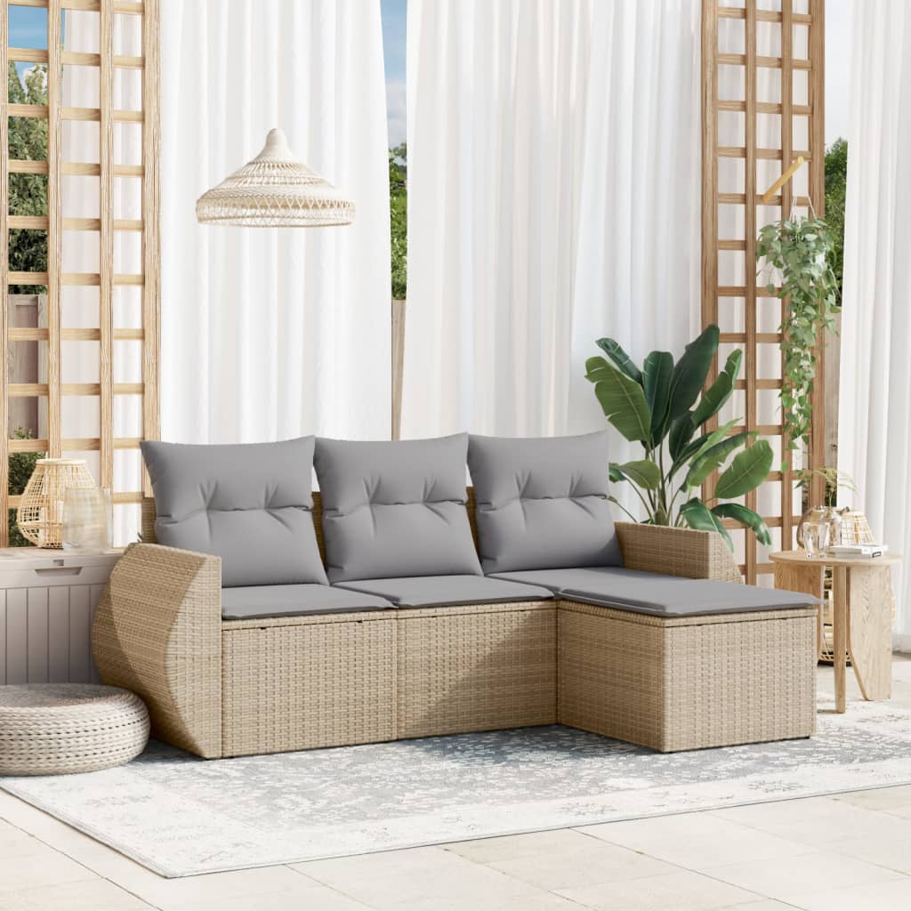 Set Divano da Giardino 4 pz con Cuscini Beige in Polyrattan - homemem39