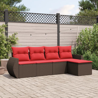 Set Divani da Giardino 5 pz con Cuscini Marrone in Polyrattan